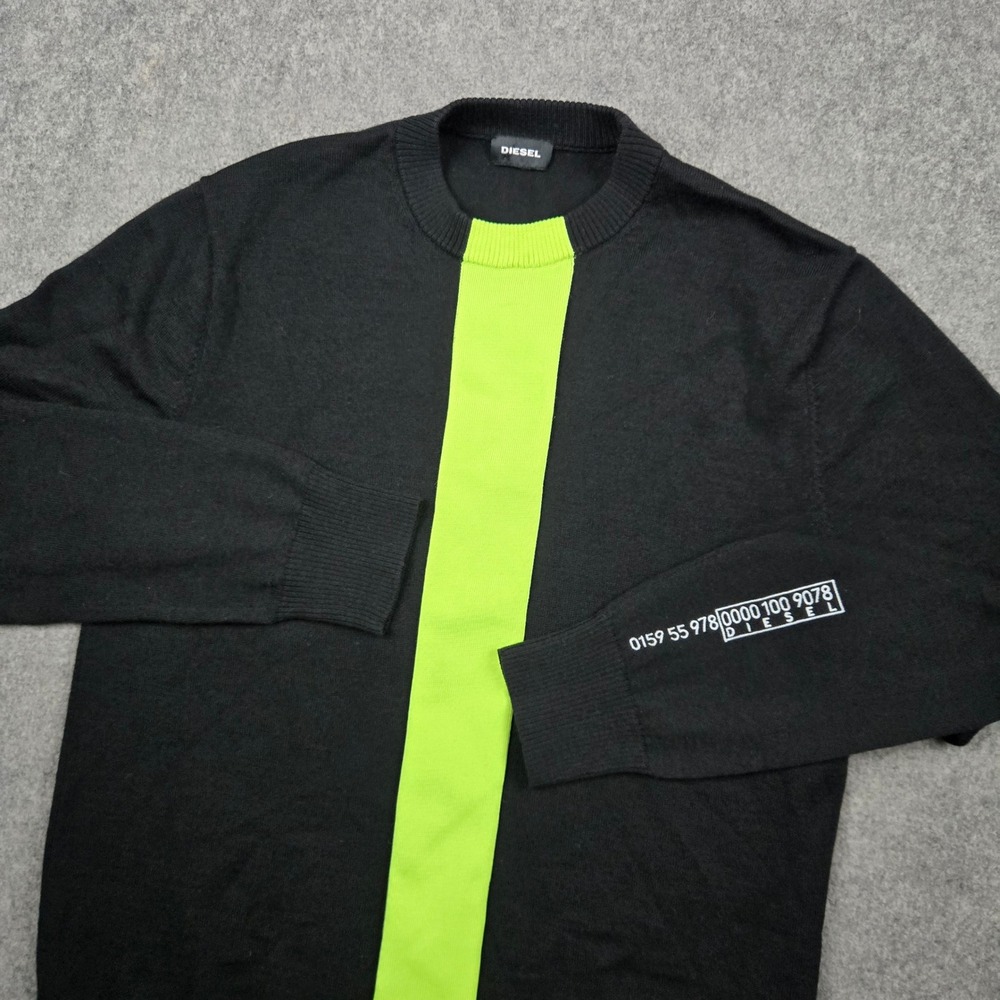Diesel Sweater‎ Mens Medium Black Neon Green Stripe Knit Streetwear Wool Blend